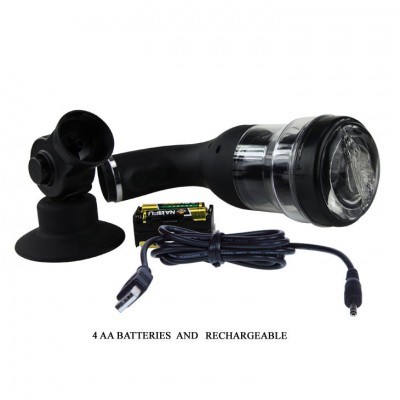 Dispositivo preto com base ventosa, bateria AA, cabo USB e texto impresso 4 AA BATTERIES AND RECHARGEABLE