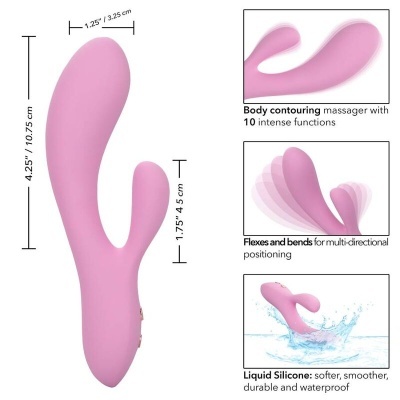 Vibrador rosa com duas extremidades flexíveis e medidas indicadas.