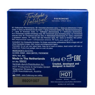 Caixa azul do Twilight Natural Spray para homens com descrição e ingredientes impressos