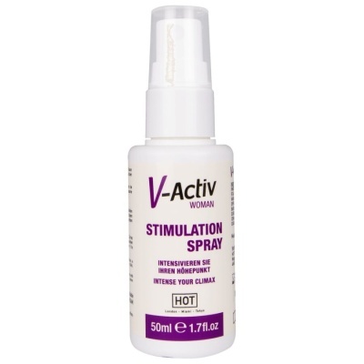 Frasco branco de spray V-Activ Woman Stimulation Spray com texto roxo e preto