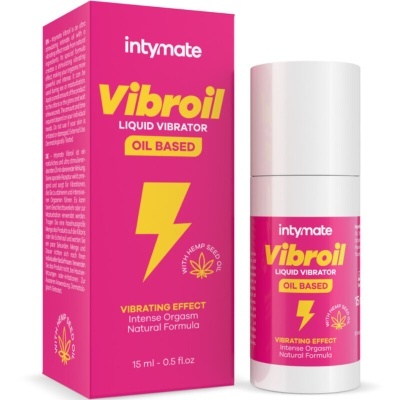 Embalagem e frasco rosa e amarelo de Vibrador líquido Vibroil Intymate com texto explicativo