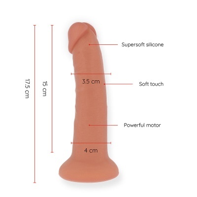 Dildo em silicone bege claro com ventosa na base e medidas indicadas.