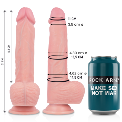 Dildo realista cor de pele com ventosa e medidas indicadas ao lado de uma lata azul com texto 'ROCK ARMY MAKE SEX NOT WAR' em fundo branco.