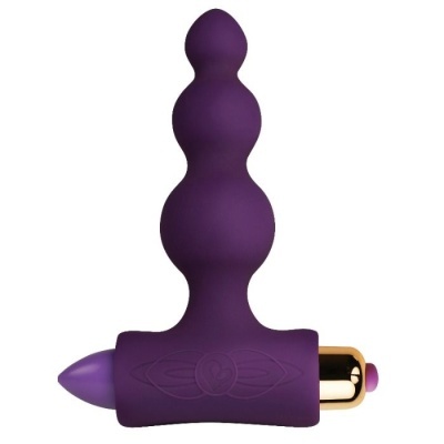 Plug anal roxo em silicone com base dourada e botão rosa