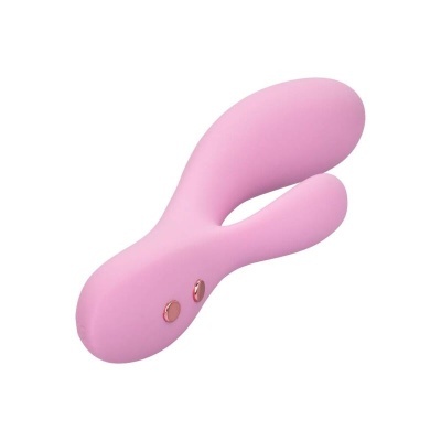 Vibrador rosa bifurcado com botões dourados