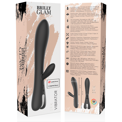 Caixa do vibrador Brilly Glam preto com duas pontas e texto descritivo no verso.