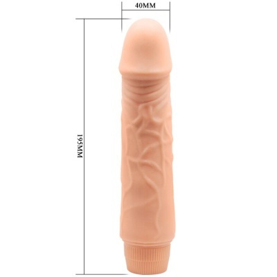Vibrador em formato peniano bege com medidas 195MM x 40MM.