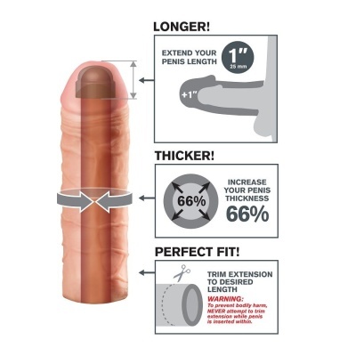 Extensão para pénis com instruções de uso e aumentos de tamanho indicados