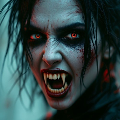 Rosto de mulher vampira com olhos vermelhos e presas afiadas