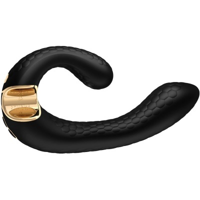 Vibrador preto de silicone com detalhes dourados e textura hexagonal