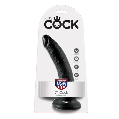 Dildo preto King Cock com base circular em embalagem branca com texto e ícones.