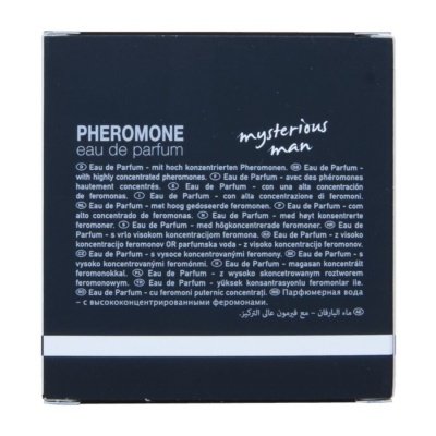 Caixa de perfume preta Pheromone eau de parfum mysterious man com texto multilíngue