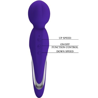vibrador roxo com botões e acabamento metálico prateado
