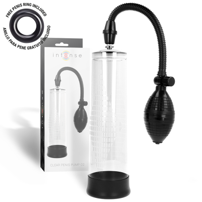 Bomba para pénis clara com pêra de sucção preta e embalagem ao fundo.
