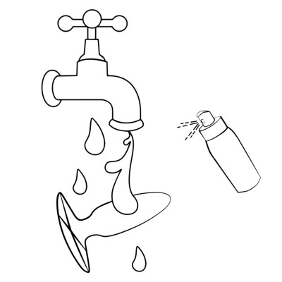 Desenho de torneira a verter água sobre copo de vinho e frasco de spray