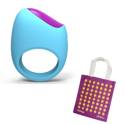 Anel vibratório azul com topo roxo e mala de tecido roxa com padrões amarelos