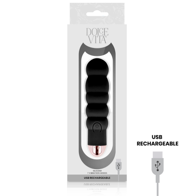 Vibrador preto de silicone em embalagem branca com texto DOLCE VITA e USB RECHARGEABLE