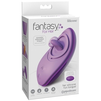 Caixa do produto fantasia para ela em silicone roxo com língua automática texturizada