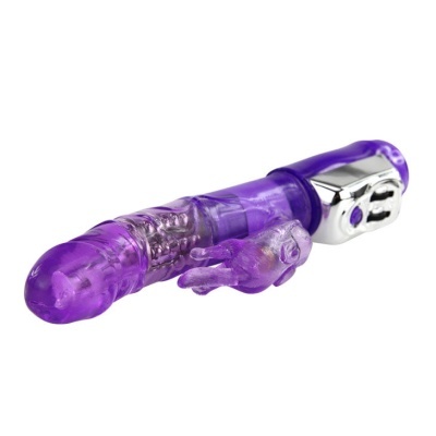 Vibrador roxo translúcido com estimulador em forma de coelho e base prateada