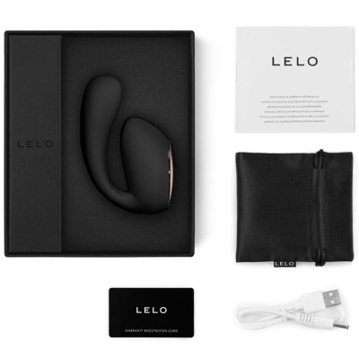 Conjunto de produtos LELO incluíndo dispositivo sexual preto, cartão garantia, manual, saco de tecido e cabo USB