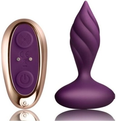 Brinquedo sexual roxo com textura espiral e controle remoto dourado