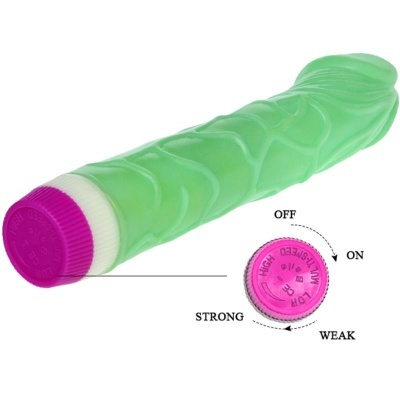 Vibrador verde com textura e regulador roxo para intensidade