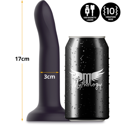 Vibrador cinzento escuro ao lado de lata preta Mythology com gotas de água.