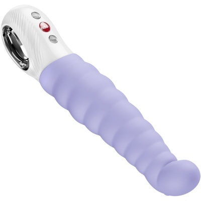 Vibrador texturizado lilás com pega branca e botões de controlo