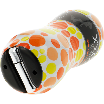 Masturbador masculino colorido com padrões de bolhas e embalagem preta com texto