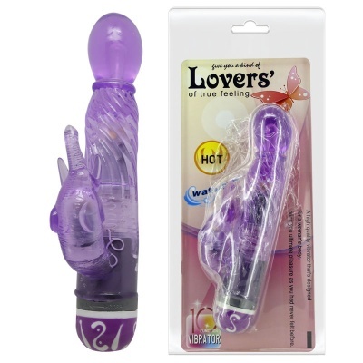Vibrador roxo translúcido com textura espiral e embalagem com texto Lovers' of true feeling