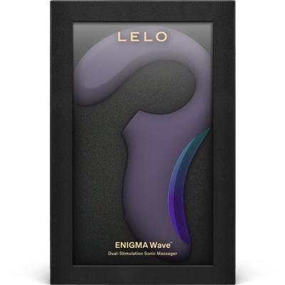Produto compacto roxo e preto na caixa preta com texto LELO ENIGMA Wave