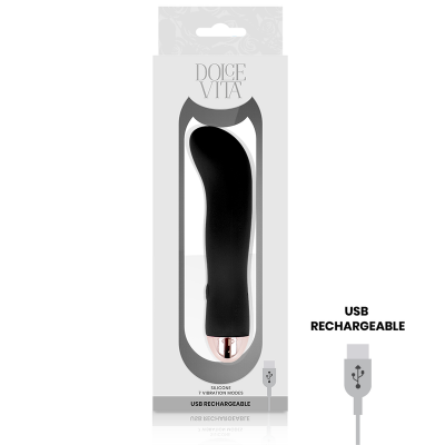 Vibrador preto em silicone na embalagem branca da marca DOLCE VITA com texto USB RECHARGEABLE
