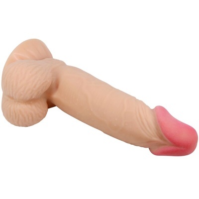Dildo realista cor de pele com glande rosa em fundo branco