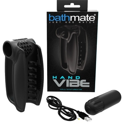Estimulador masculino preto Bathmate Hand Vibe com cabo USB e embalagem.