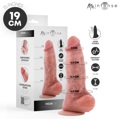 Dildo ultrarrealista rosa em silicone com ventosa e embalagem branca com instruções.