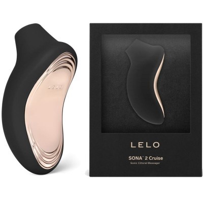 Massageador LELO Sona 2 Cruise preto com detalhes dourado rosé e caixa preta
