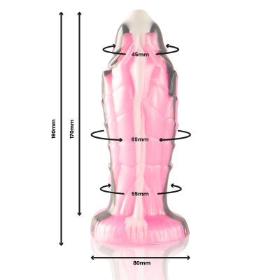 Objeto de silicone rosa e cinzento com medidas em milímetros
