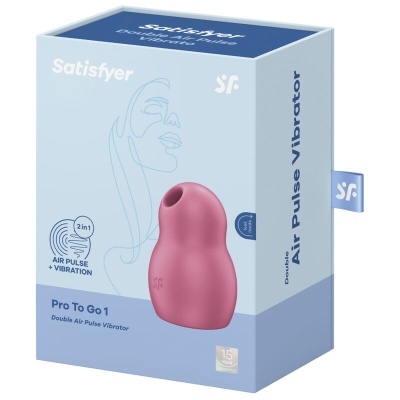 Embalagem azul e branca do vibrador Satisfyer Pro To Go 1 com o produto rosa à frente