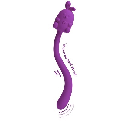 Vibrador roxo curvado com personagem no topo e texto It can be bent at will
