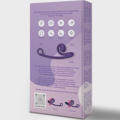 Embalagem roxa de produto com texto em inglês e imagens representando funções do vibrador Smart Vibe Curve