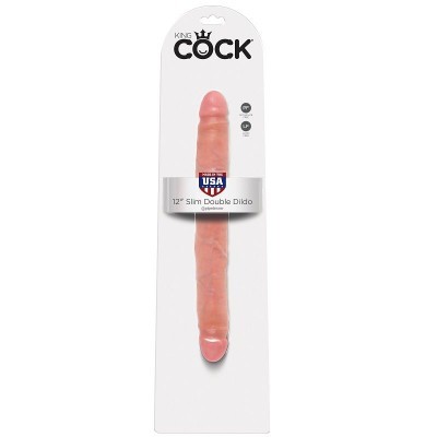 Dildo duplo Slim de 12 polegadas cor pele em embalagem branca com texto KING COCK