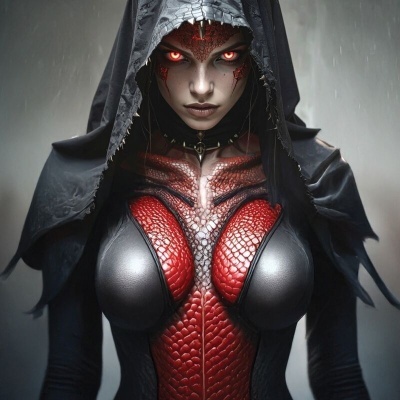 Figura feminina com traje vermelho escamado e capa preta