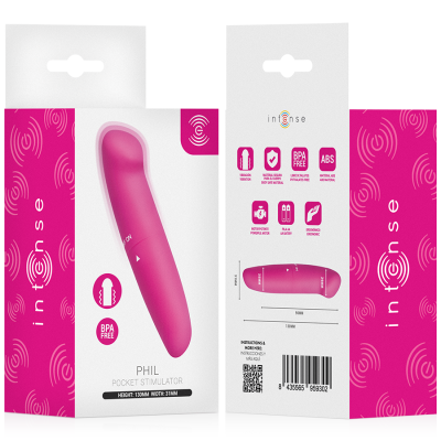 Embalagem de PHIL POCKET STIMULATOR rosa com texto BPA FREE e ícones técnicos.