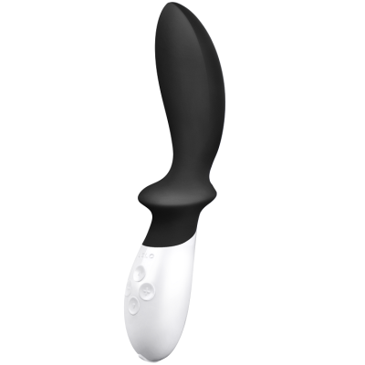 Vibrador curvo preto e branco com botões de controle