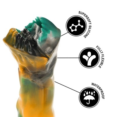 Produto siliconado colorido com indicações de características técnicas.