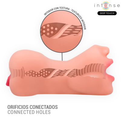 Produto rosa com orifícios conectados e interior texturizado, texto em espanhol e inglês.