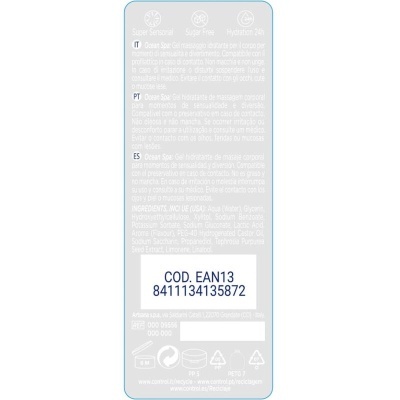 Etiqueta com texto multilingue e código EAN13 em fundo azul claro