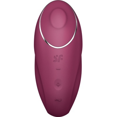 Dispositivo eletrónico cor rosa escuro formato ovalado com botões e logótipo SF