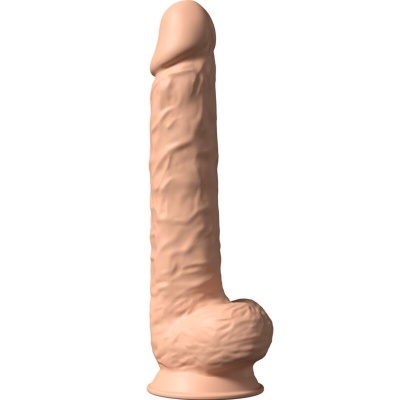 Dildo realista cor pele com base larga e detalhes texturizados.
