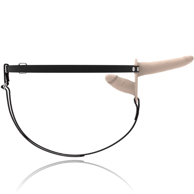 Brinquedo sexual tipo cinto com duas próteses cor de pele e correia preta